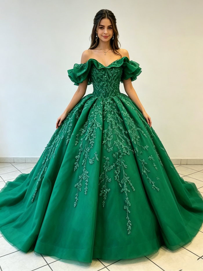 Green Tulle Off the Shoulder Appliques Quinceanera Dress