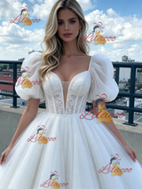 White Tulle Puff Sleeve Prom Dress