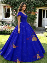 Blue Sequins V-neck Cap Sleeve Quinceanera Dress