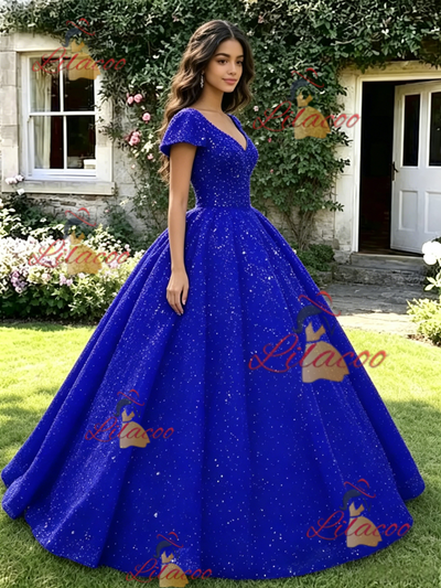 Blue Sequins V-neck Cap Sleeve Quinceanera Dress