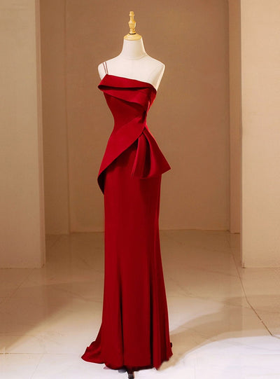 Burgundy Mermaid Straps Pleats Prom Dress