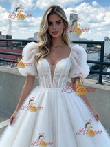 White Tulle Puff Sleeve Prom Dress