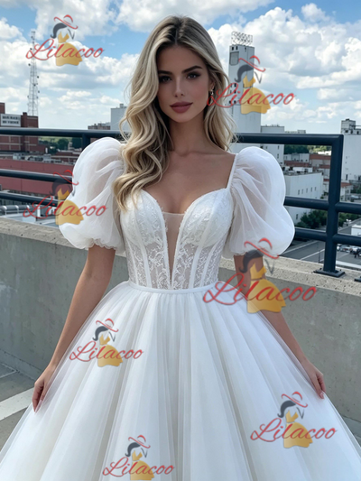 White Tulle Puff Sleeve Prom Dress