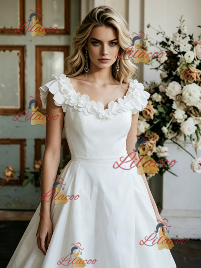 White Satin Flower Wedding Dress