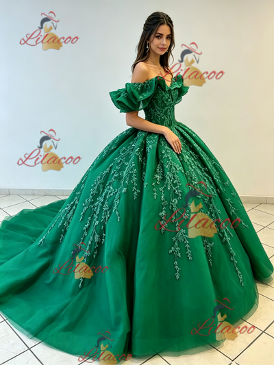 Green Tulle Off the Shoulder Appliques Quinceanera Dress