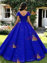 Blue Sequins V-neck Cap Sleeve Quinceanera Dress