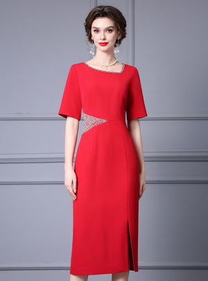 Red Split Short Sleeve Mother Of The Bride Dress