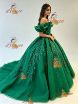 Green Tulle Off the Shoulder Appliques Quinceanera Dress