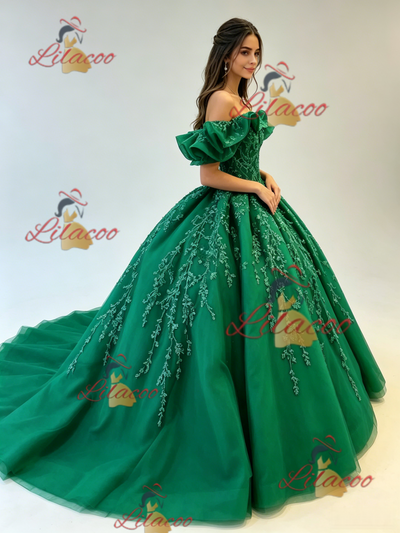 Green Tulle Off the Shoulder Appliques Quinceanera Dress