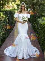 White Mermaid Lace Puff Sleeve Wedding Dress