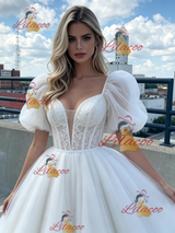 White Tulle Puff Sleeve Prom Dress