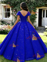 Blue Sequins V-neck Cap Sleeve Quinceanera Dress