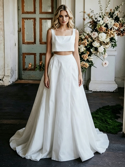White Two Piece Satin Straps Wedding Dress