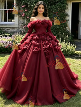 Burgundy Tulle Long Sleeve 3D Flower Quinceanera Dress