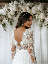 White Chiffon Appliques Long Sleeve Wedding Dress