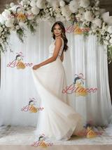 Beige White Tulle V-neck Wedding Dress