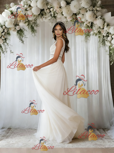 Beige White Tulle V-neck Wedding Dress