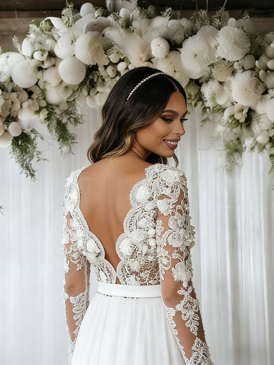 White Chiffon Appliques Long Sleeve Wedding Dress