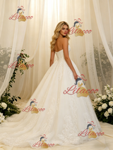 White Tulle Lace Strapless Pleats Wedding Dress