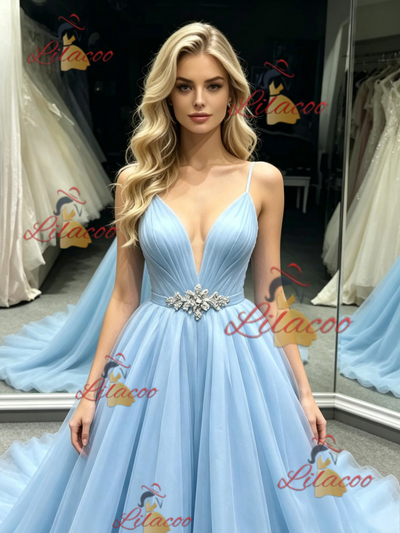 Blue Tulle Spaghetti Straps Prom Dress