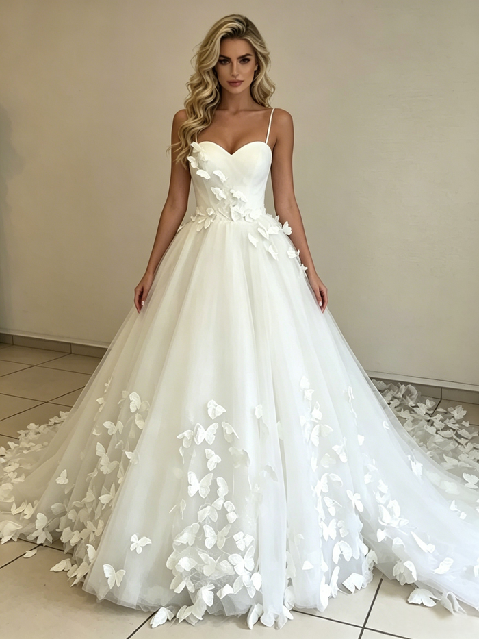 White Tulle Spaghetti Straps Butterfly Wedding Dress
