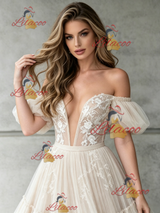 Ivory Tulle Lace Off the Shoulder Wedding Dress
