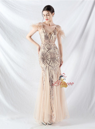 Spaghetti Straps Sequins Feather Prom Dress