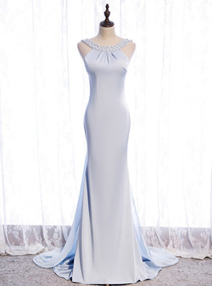 Light Blue Mermaid Beading Backless Prom Dress
