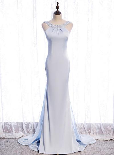 Light Blue Mermaid Beading Backless Prom Dress