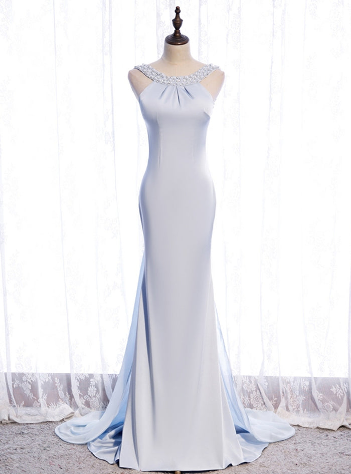 Light Blue Mermaid Beading Backless Prom Dress
