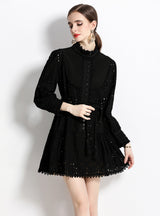 Hollow Cotton Lace-up Long Sleeve Dress