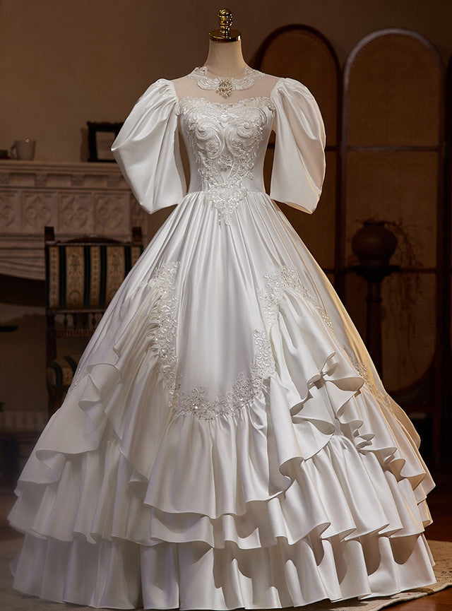 Vintage White Satin Appliques Wedding Dress