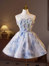 Blue Tulle Sequins Flower Homecoming Dress