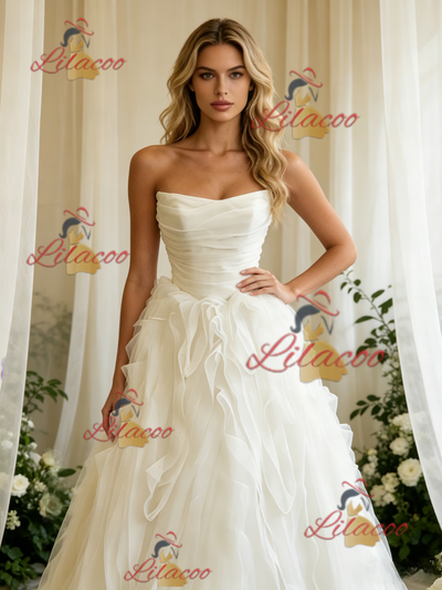 White Tulle Straples Pleats Wedding Dress