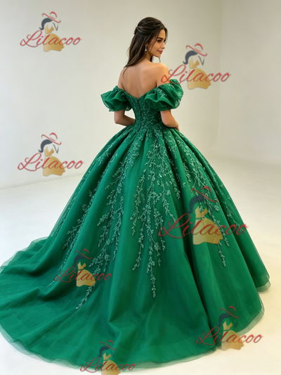 Green Tulle Off the Shoulder Appliques Quinceanera Dress