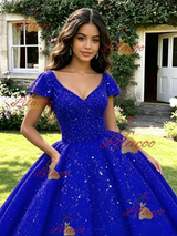 Blue Sequins V-neck Cap Sleeve Quinceanera Dress