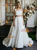 White Two Piece Satin Straps Wedding Dress