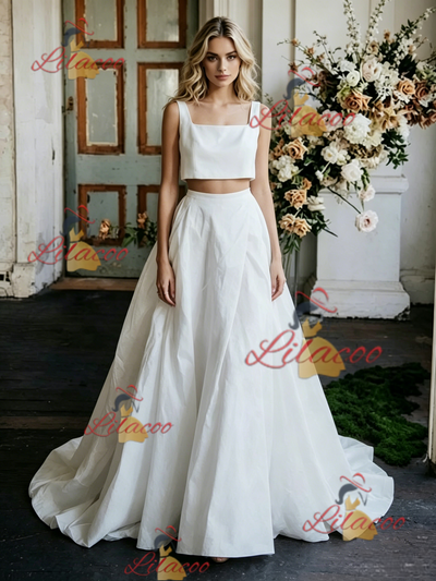 White Two Piece Satin Straps Wedding Dress