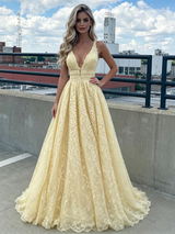 Yellow Lace V-neck Prom Dress
