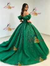 Green Tulle Off the Shoulder Appliques Quinceanera Dress