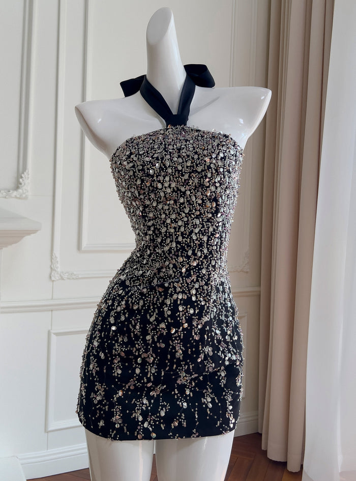 Black Halter Sequins Beading Prom Dress