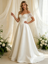 White Off the Shoulder Satin Lace Wedding Dress