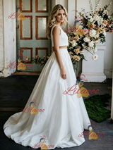 White Two Piece Satin Straps Wedding Dress