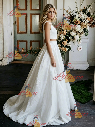 White Two Piece Satin Straps Wedding Dress