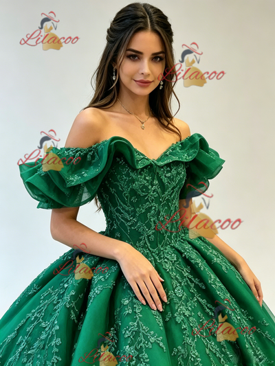 Green Tulle Off the Shoulder Appliques Quinceanera Dress