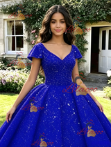 Blue Sequins V-neck Cap Sleeve Quinceanera Dress