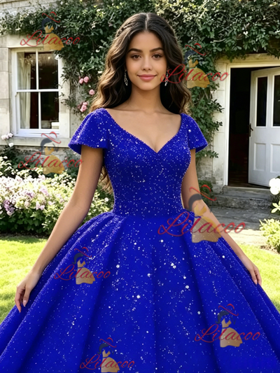 Blue Sequins V-neck Cap Sleeve Quinceanera Dress