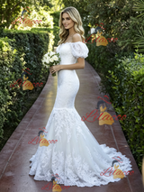 White Mermaid Lace Puff Sleeve Wedding Dress
