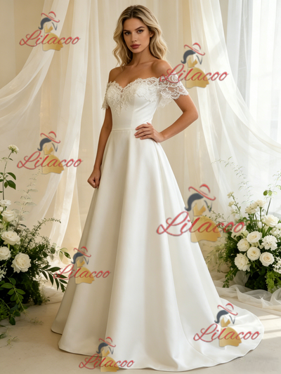White Off the Shoulder Satin Lace Wedding Dress
