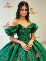 Green Tulle Off the Shoulder Appliques Quinceanera Dress